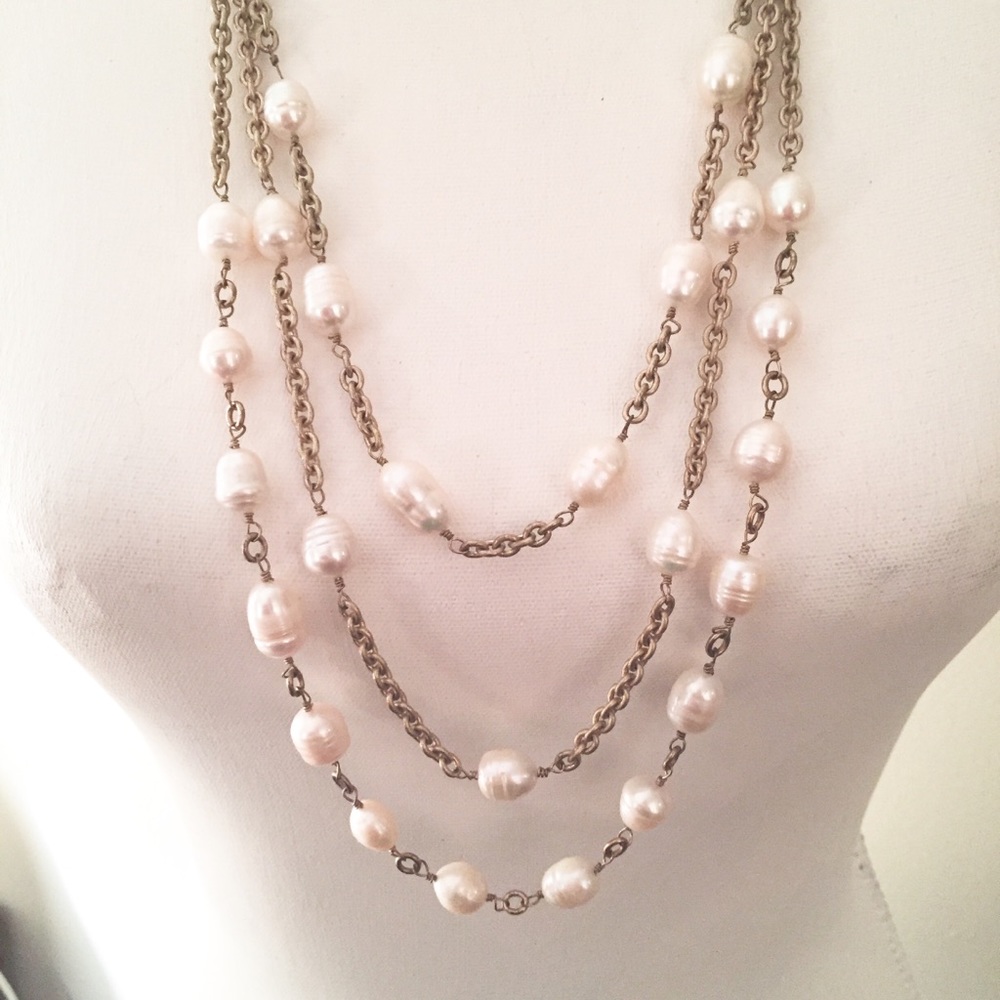 Triple strand goldtone & pearl necklace